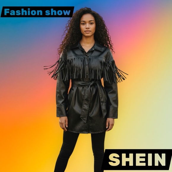Vintage style SHEIN Black Faux Leather Fringe Belted Jacket - Picture 4 of 16